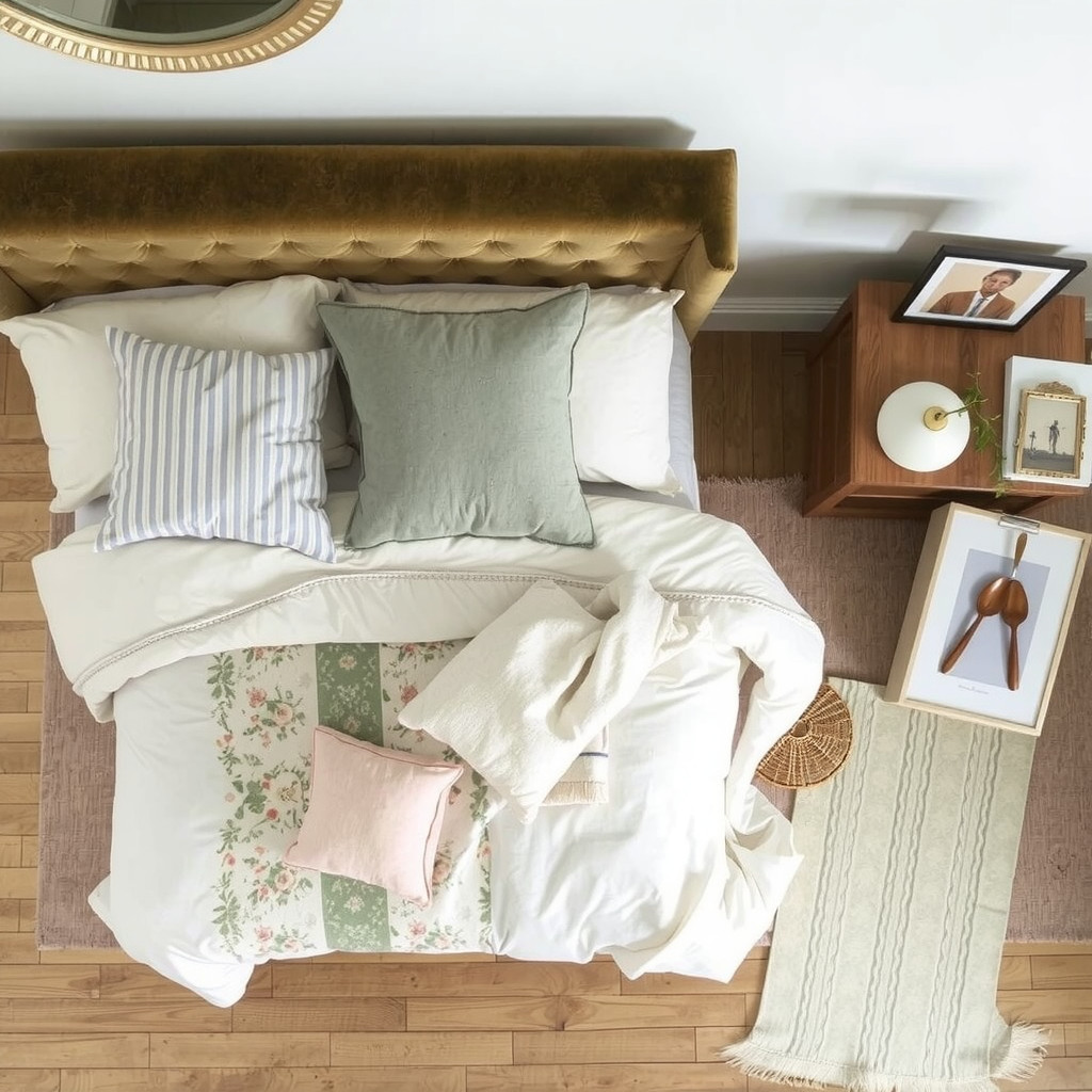Bedroom with a velvet headboard and a linen duvet cover