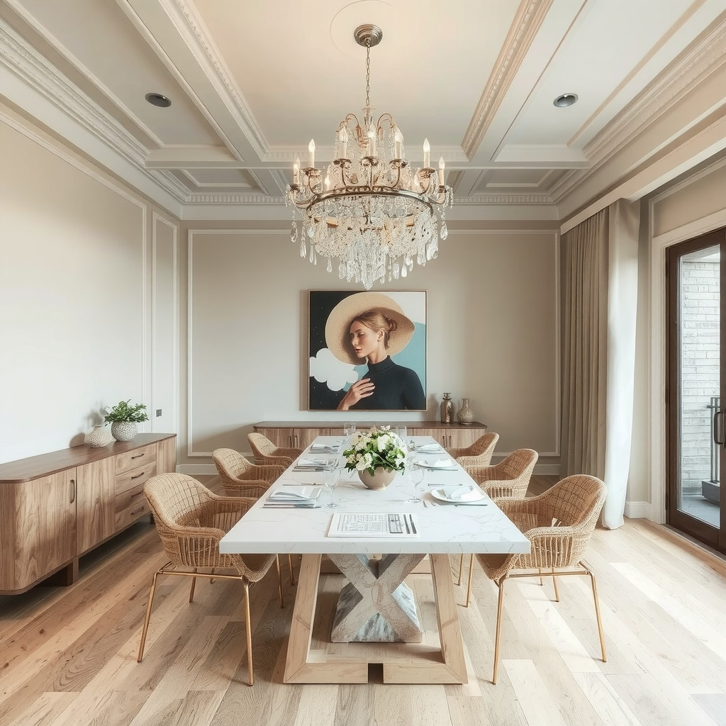 Dining room with a show-stopping chandelier and a neutral color palette