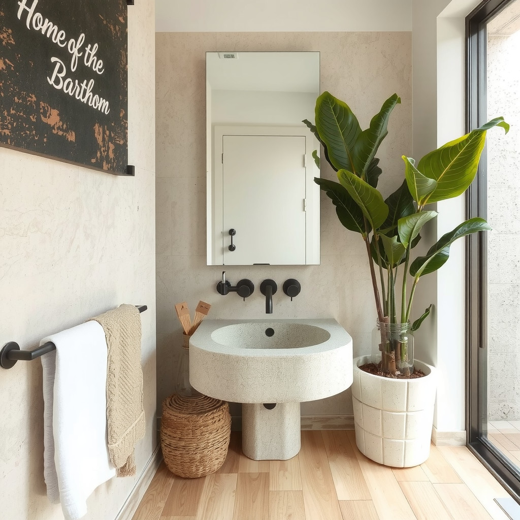Bathroom with a stone sink and a potted plant