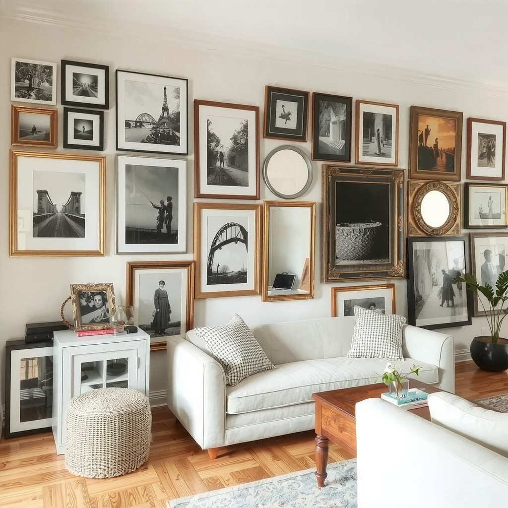 A living room with a gallery wall featuring a mix of frame styles and sizes