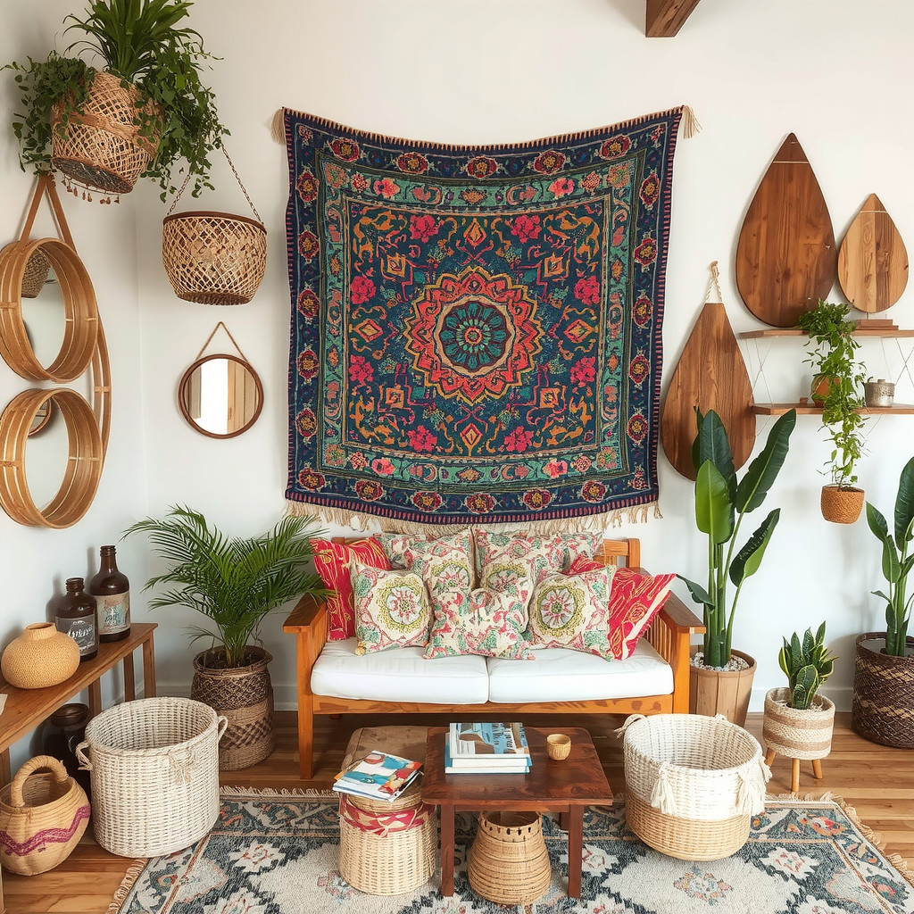 A bohemian living room with a colorful tapestry hanging on the wall