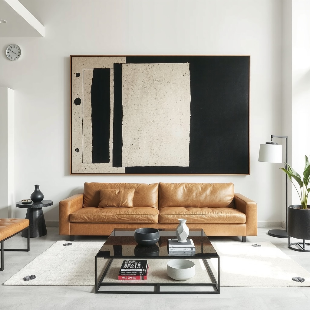 A modern living room with a large statement piece of art on the wall