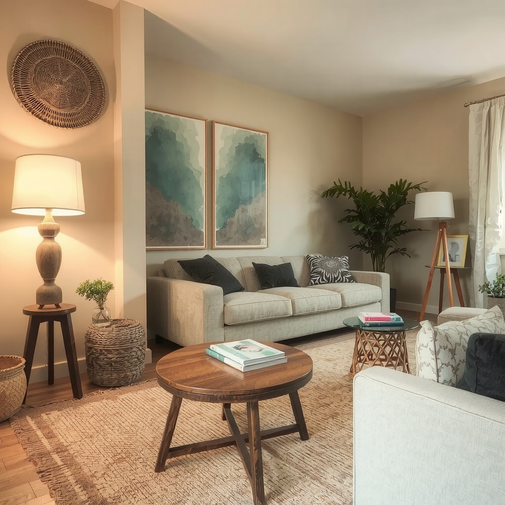 A living room with a table lamp and a floor lamp providing warm and cozy lighting