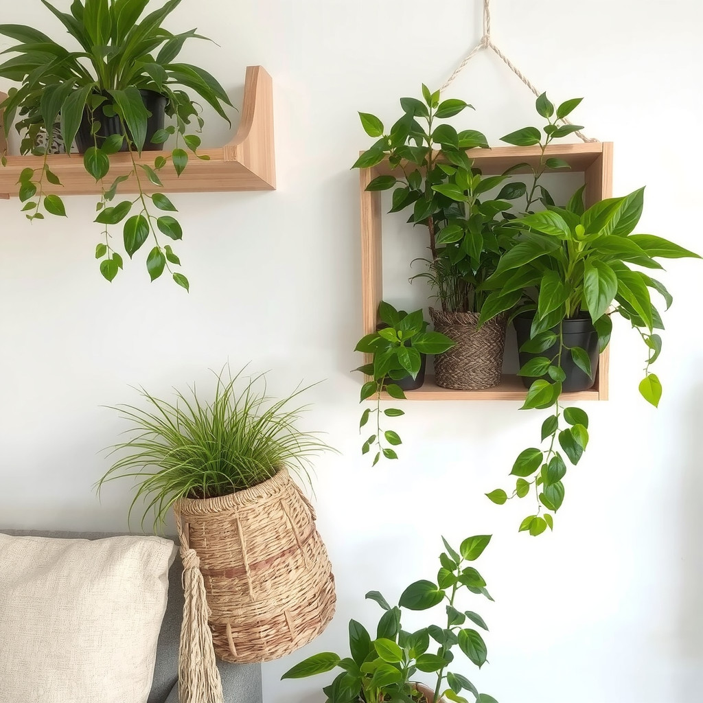 A living room with a hanging plant terrarium on the wall