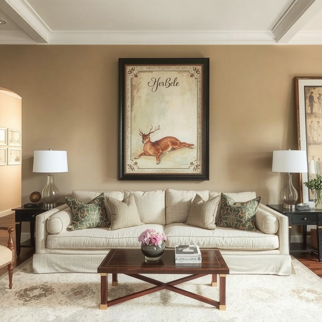 Large piece of art above a sofa