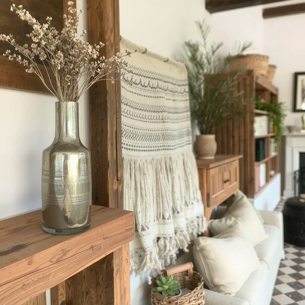 Wooden shelf with metal vase and fabric wall hanging