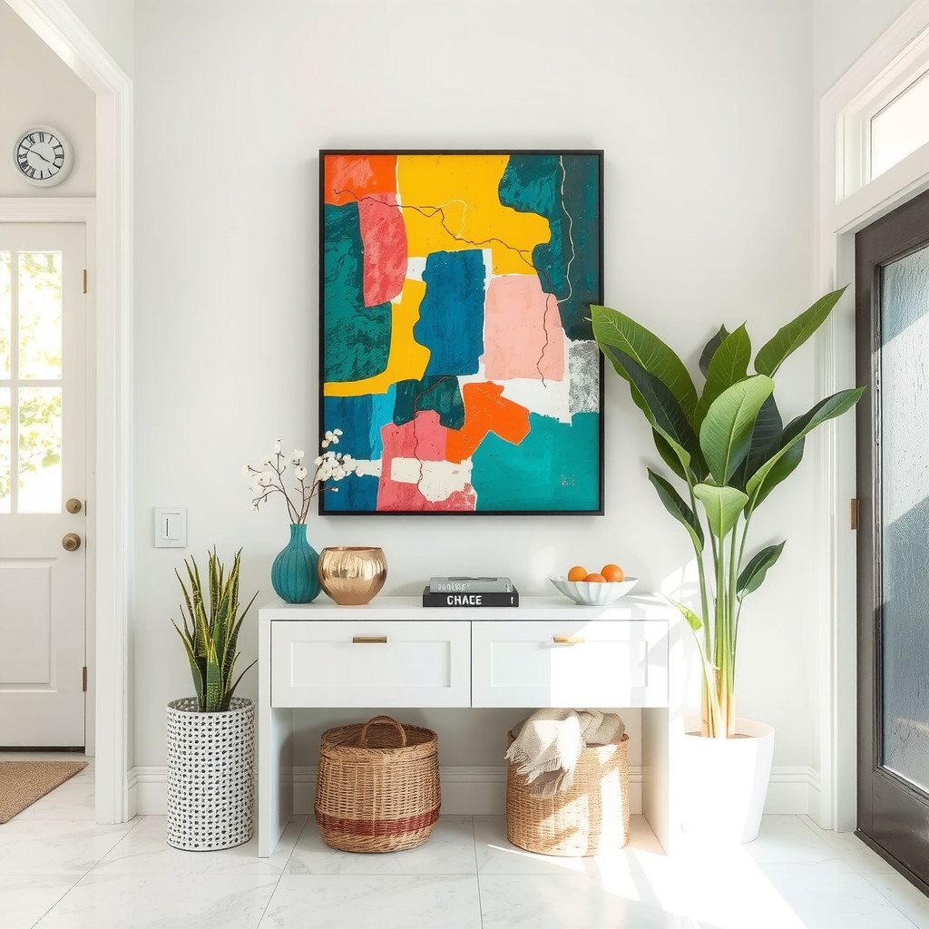Bold and colorful piece of art above a console table