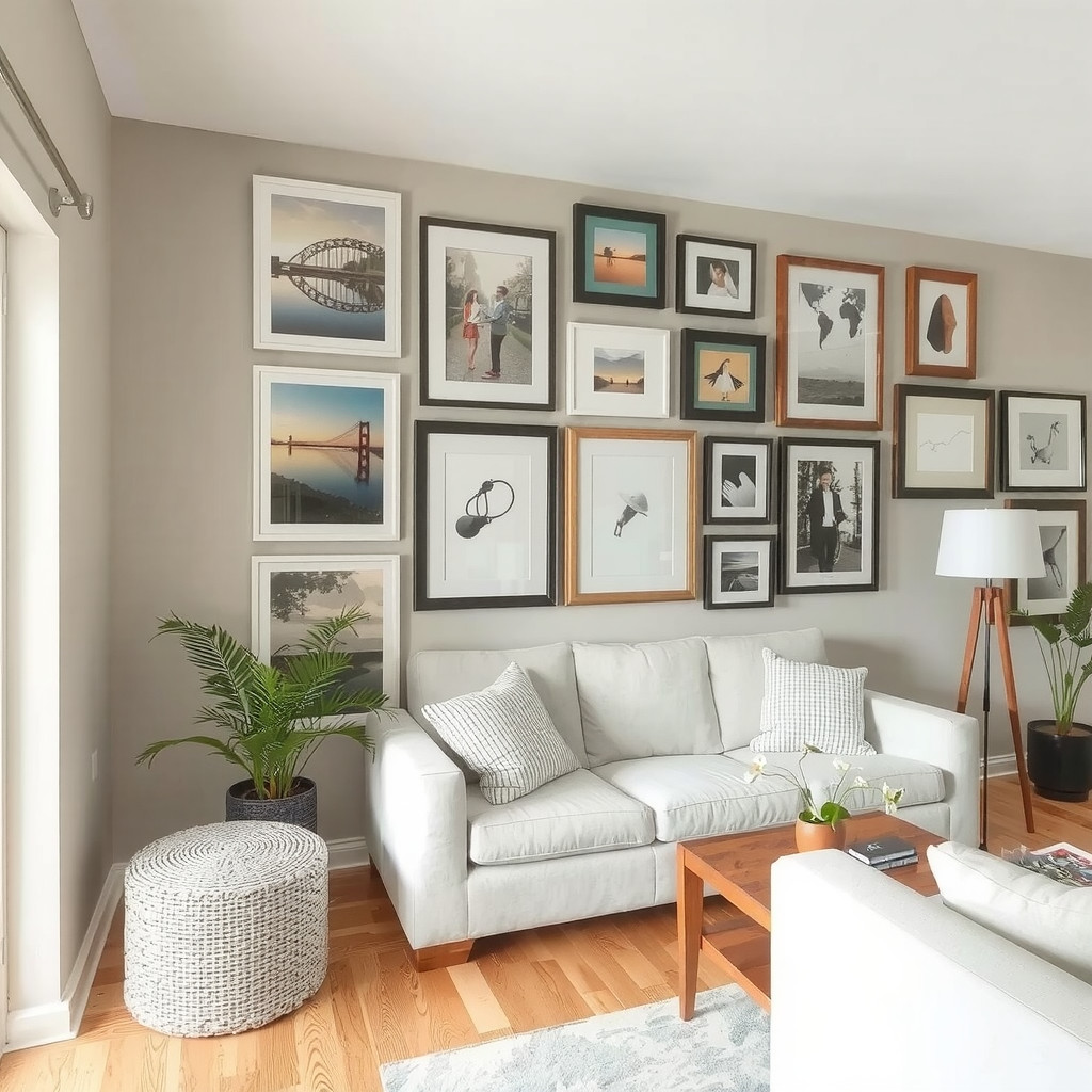 A living room with a gallery wall