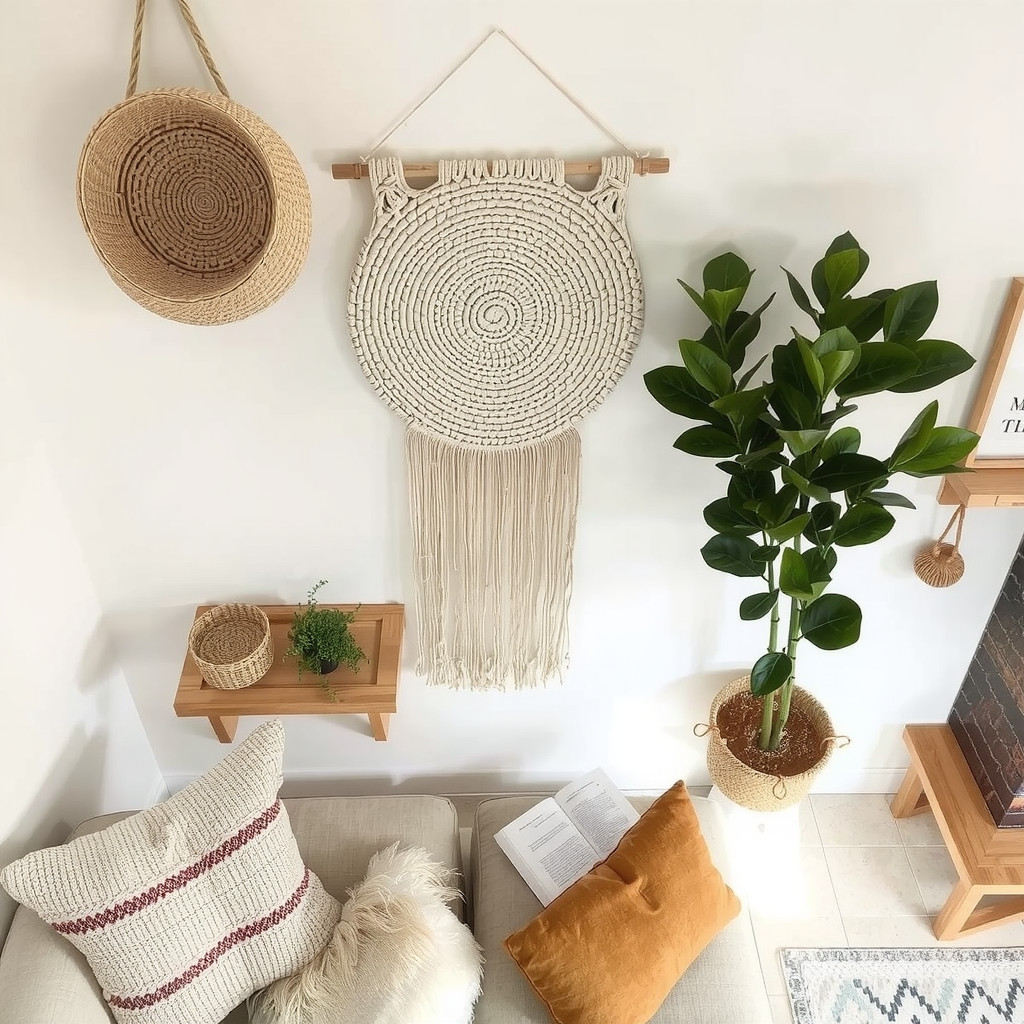 A living room with a woven basket wall hanging