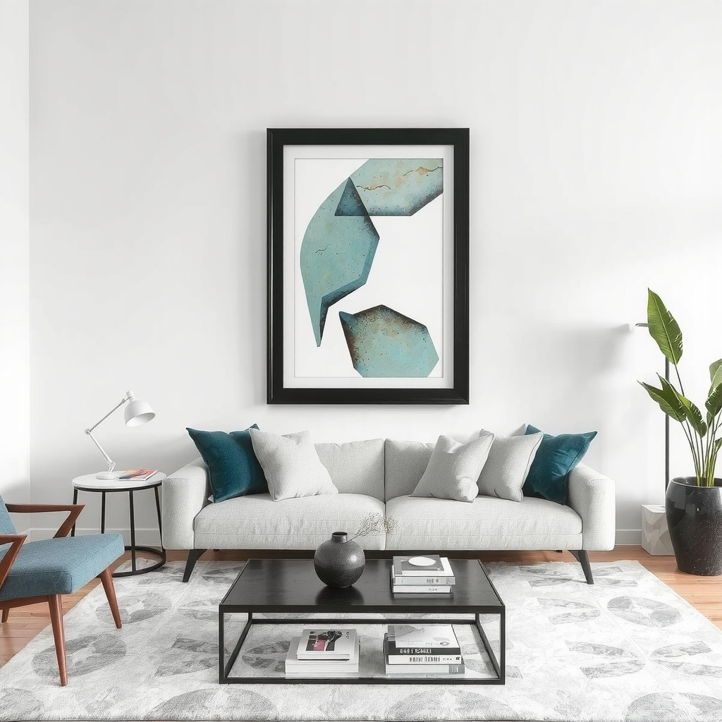 A living room with a statement piece of art