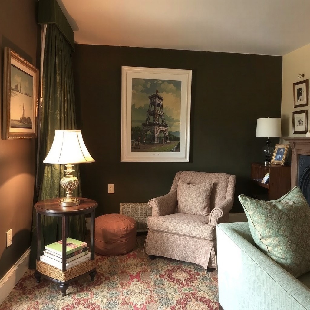 A living room with a cozy reading nook