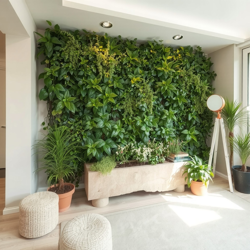 A living room with a living wall
