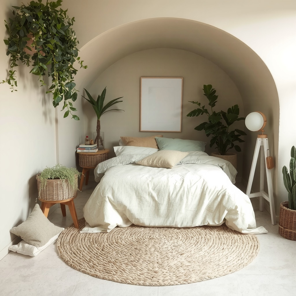 Bed nestled in a cozy nook with a natural fiber rug and a linen duvet