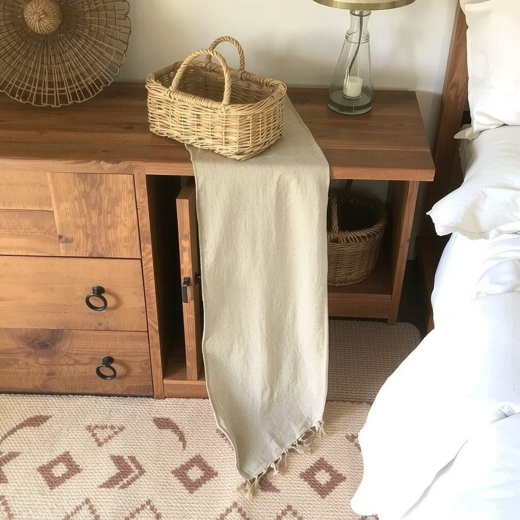 Reclaimed wood dresser with a linen table runner and a woven basket
