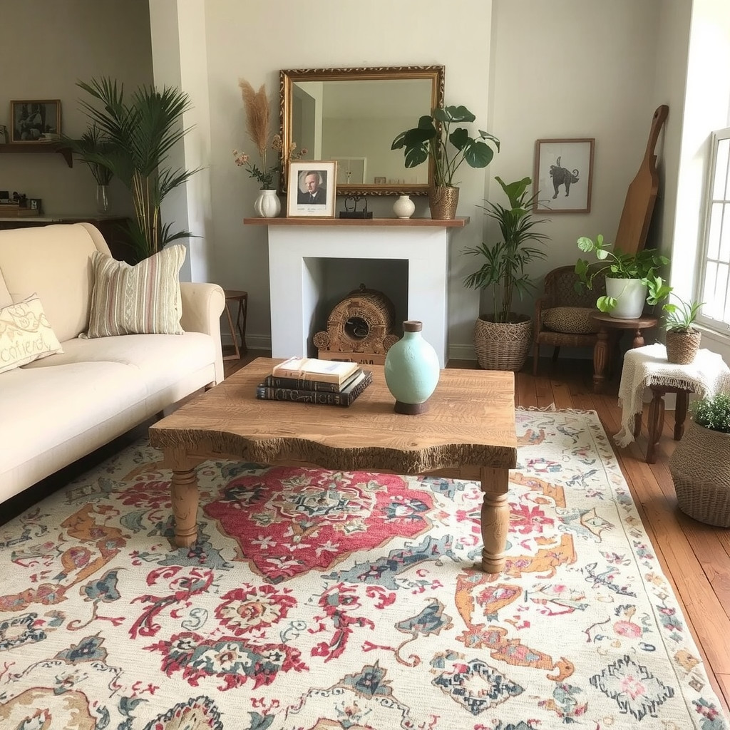 Vintage rug with a natural fiber sofa and a reclaimed wood coffee table