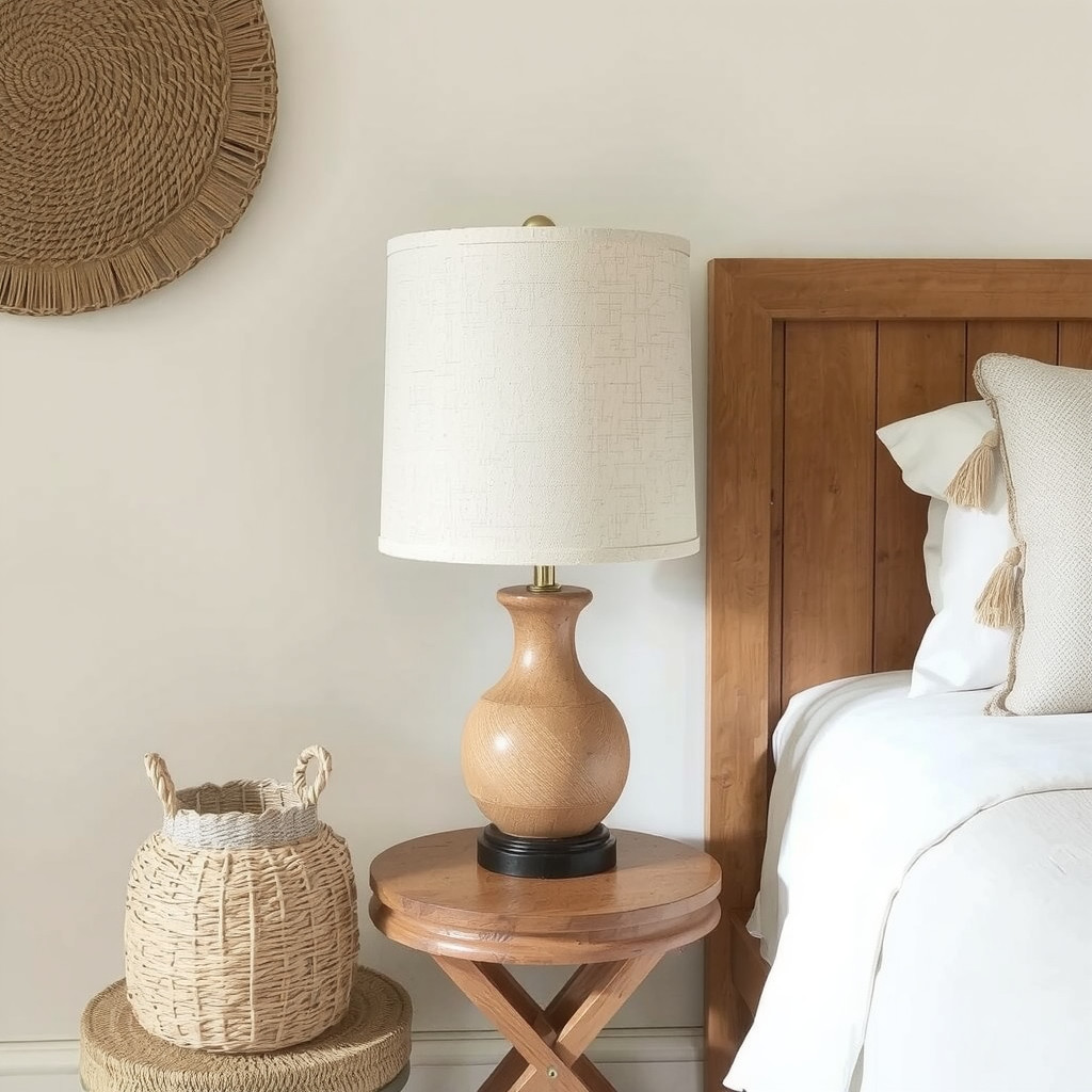 Table lamp with a natural linen shade and a reclaimed wood base