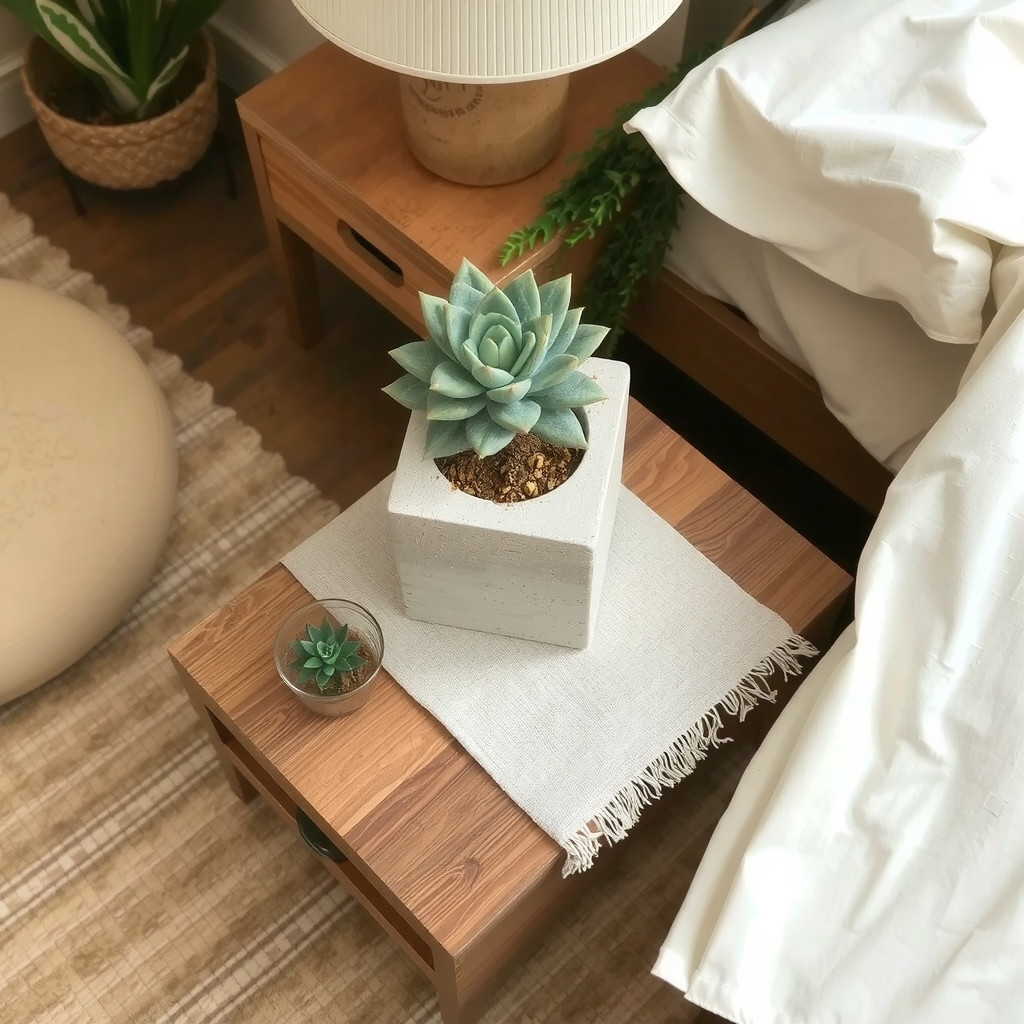 Succulent planter on a reclaimed wood nightstand with a linen table runner