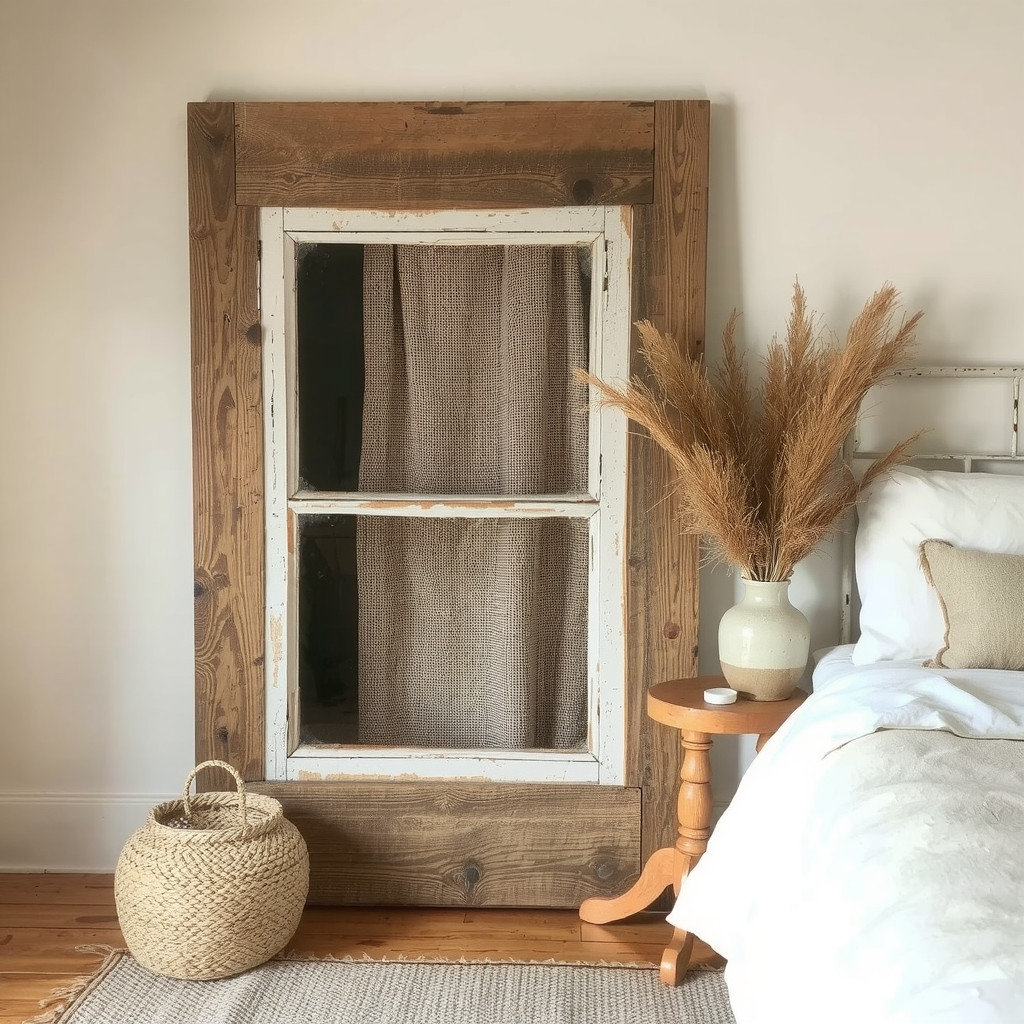 Vintage window with a natural fiber curtain and a reclaimed wood frame