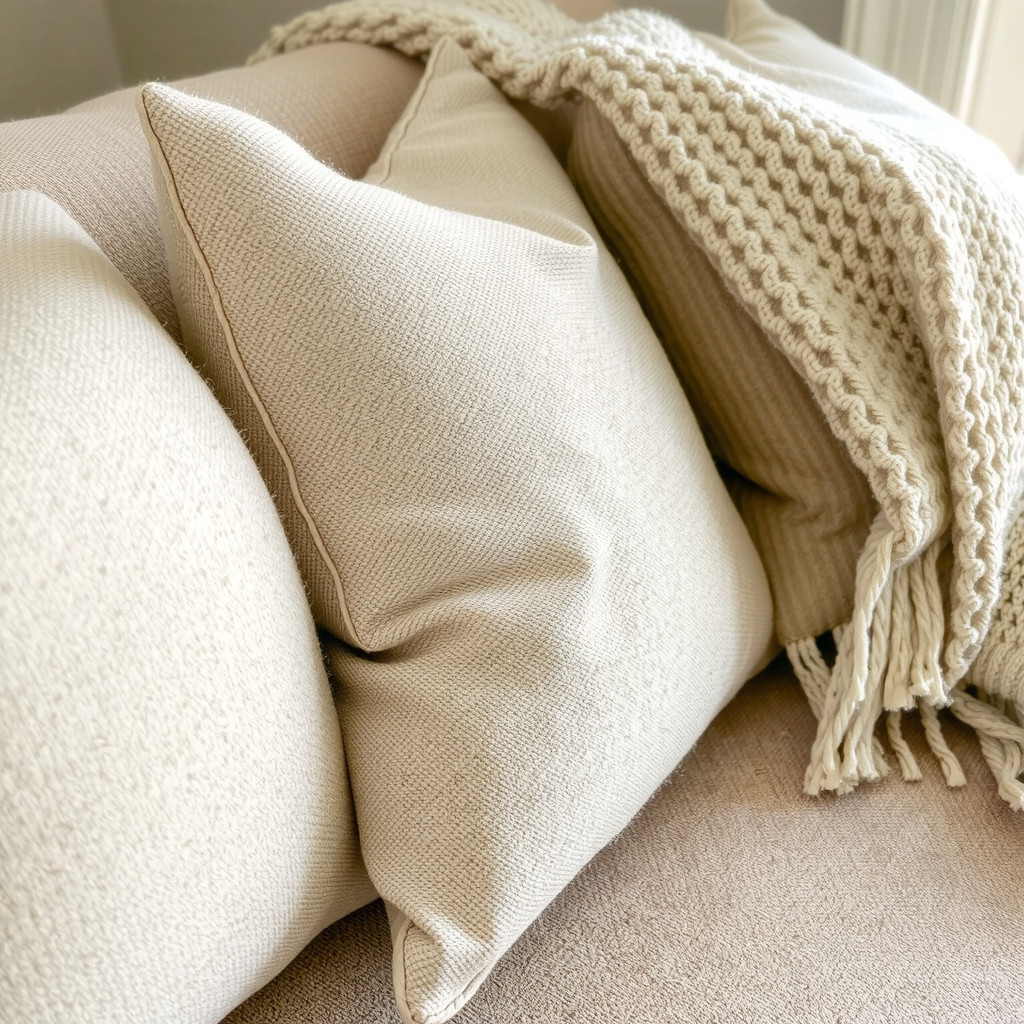 Close-up of textured linen pillows and a chunky knit throw