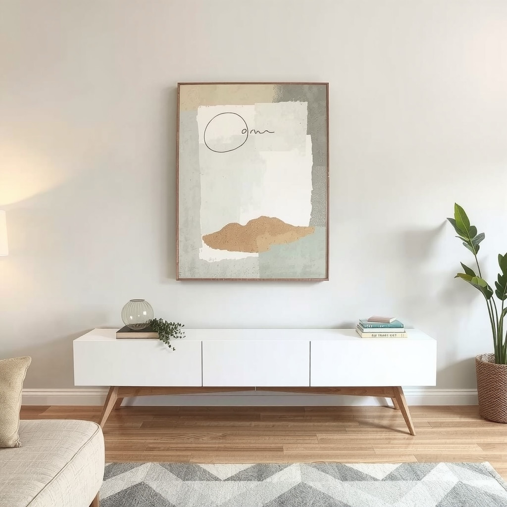 A minimalist living room wall with a large DIY canvas art piece