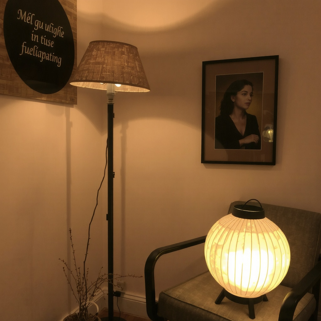 A cozy corner illuminated by a warm paper lantern floor lamp