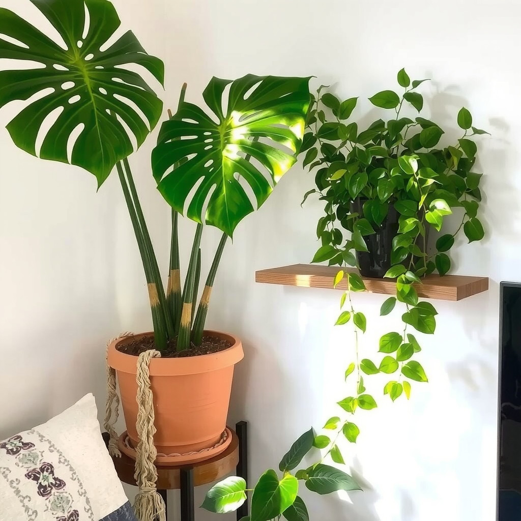 A bright corner featuring a large Monstera plant in a terracotta pot