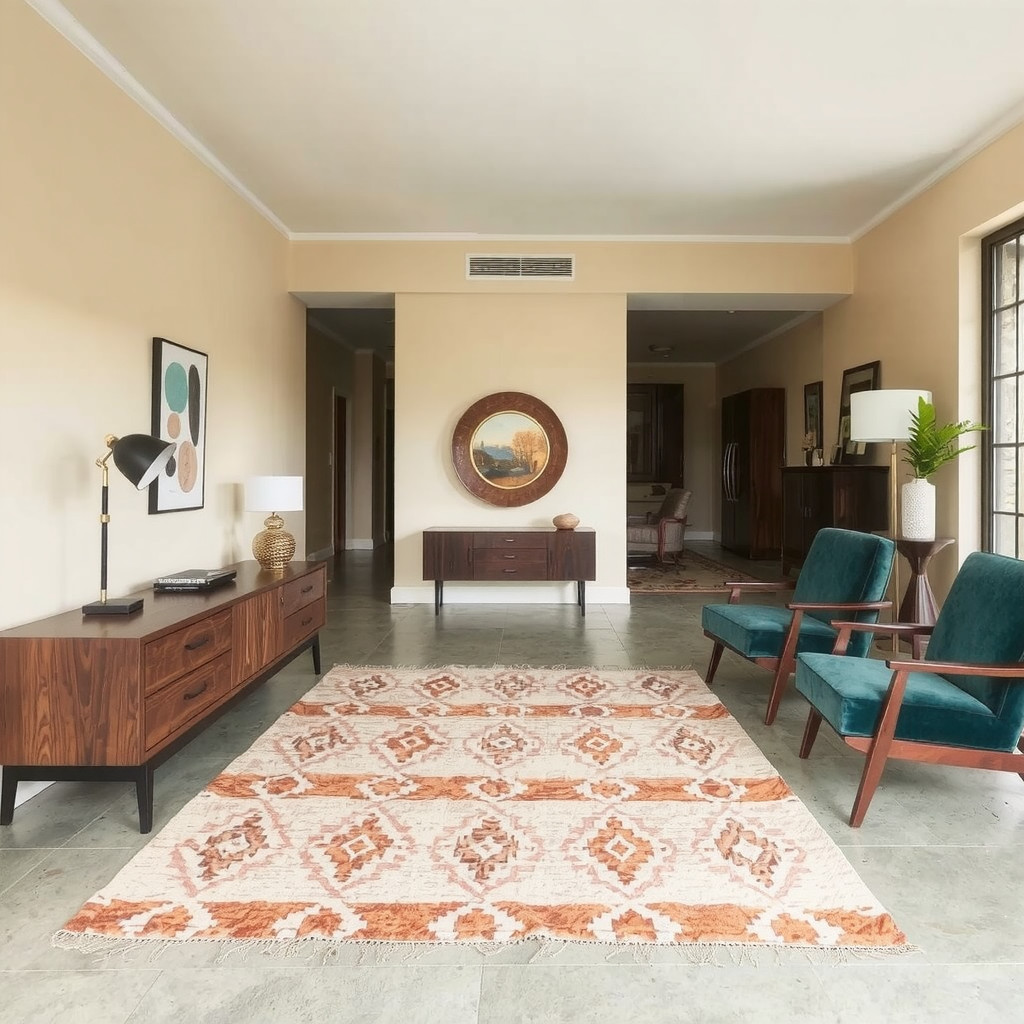 Open plan living area with floating furniture arrangement