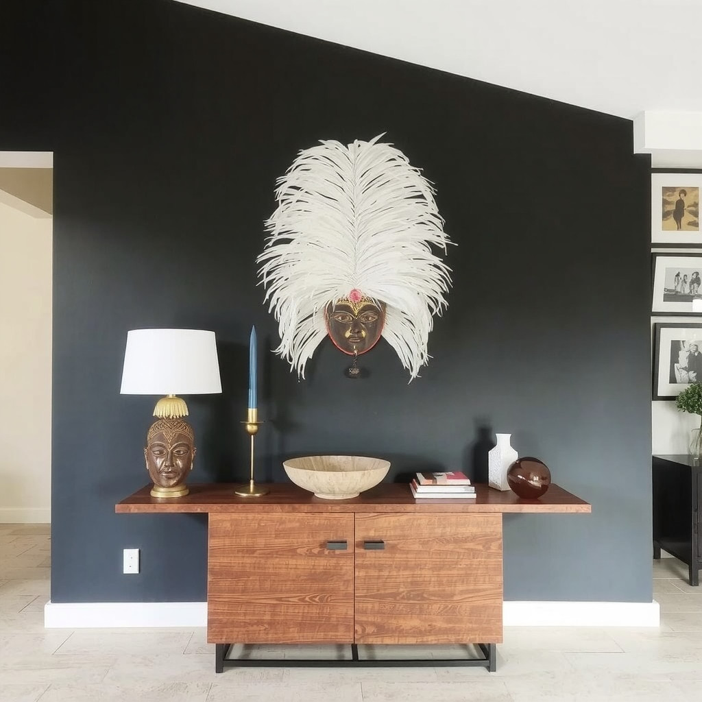Statement wall featuring a large feather Juju hat and tribal mask