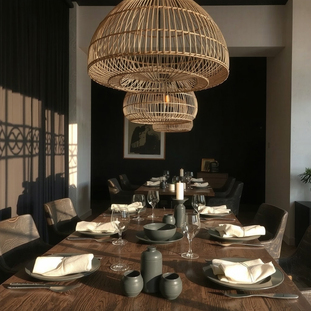 Woven rattan pendant light hanging over a dining table