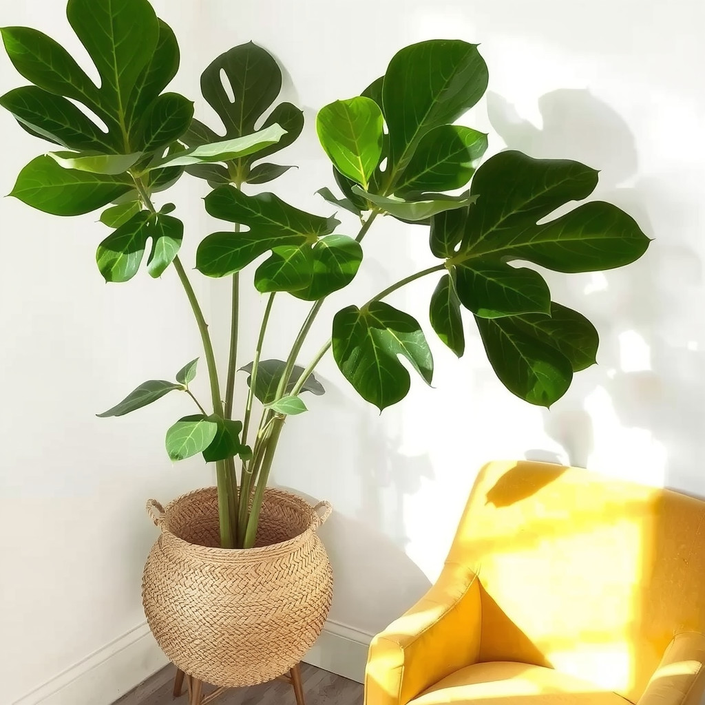 Large fiddle leaf fig plant in a woven belly basket