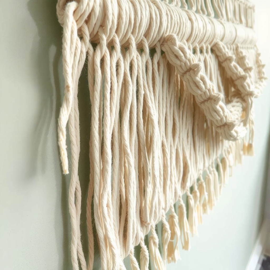 Textured woven wall hanging in a living room