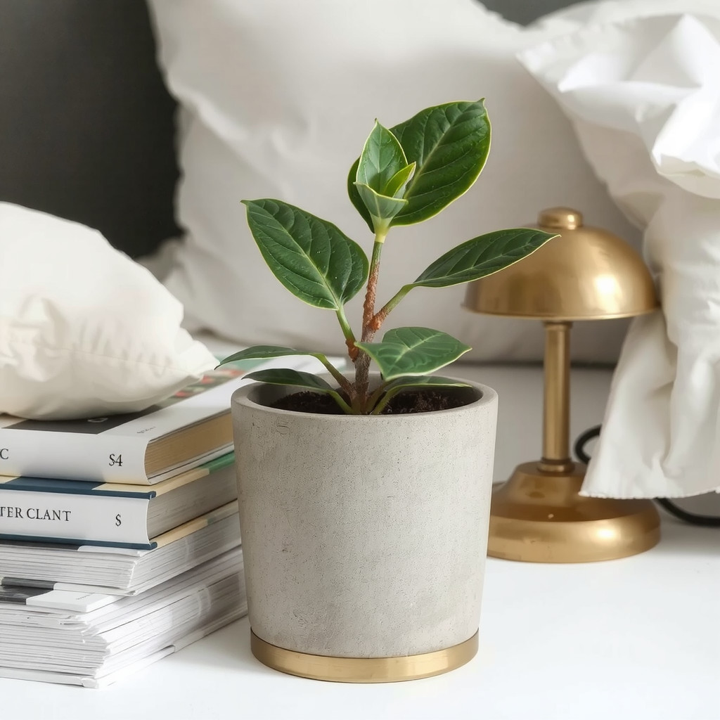 Bedside table arrangement with small potted plant