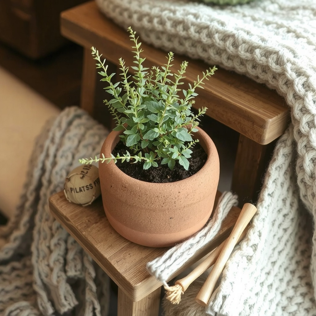 Textured ceramic pot on wooden surface