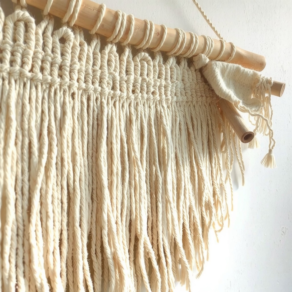 Close-up of a textured woven wall hanging made of raw wool and driftwood on a textured plaster wall, warm neutral tones, soft side lighting