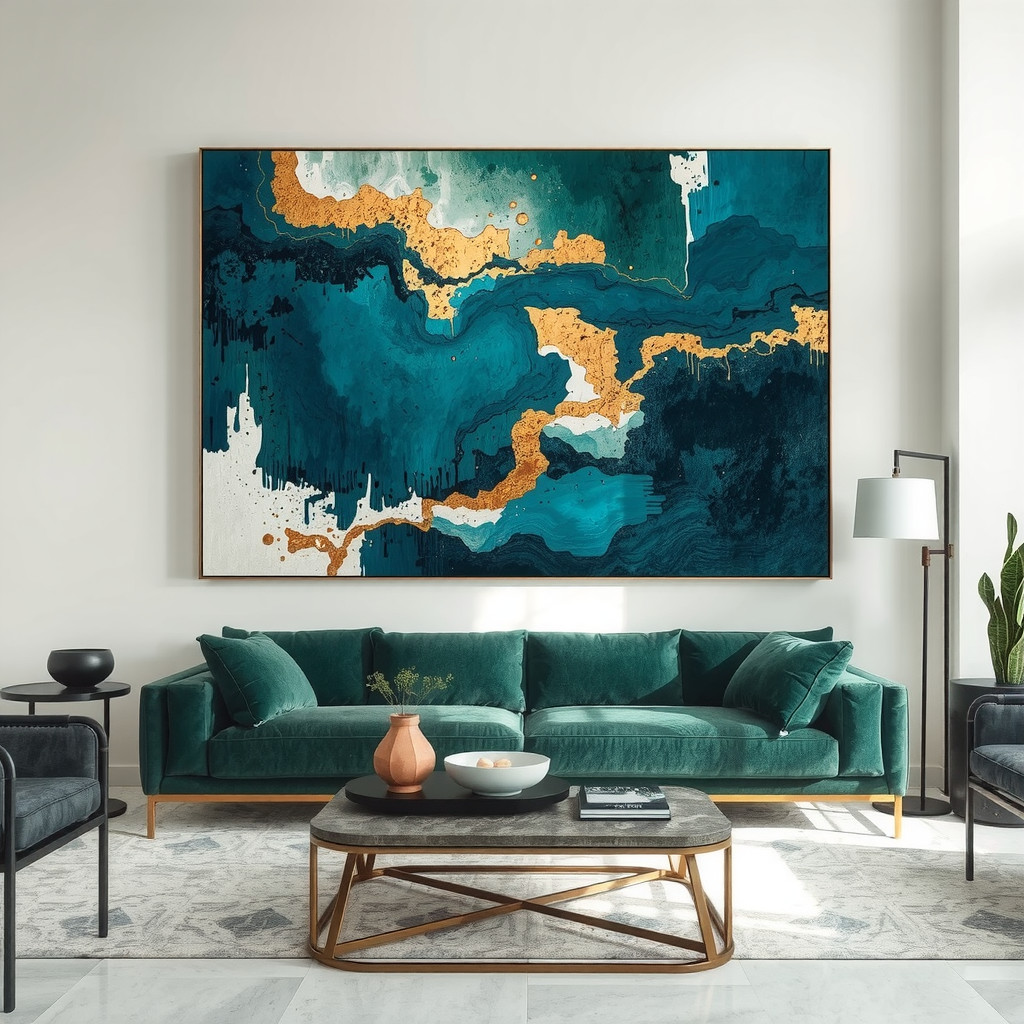 A spacious living room featuring a massive abstract canvas painting with blue and gold strokes behind a velvet emerald sofa, contemporary style, dramatic lighting