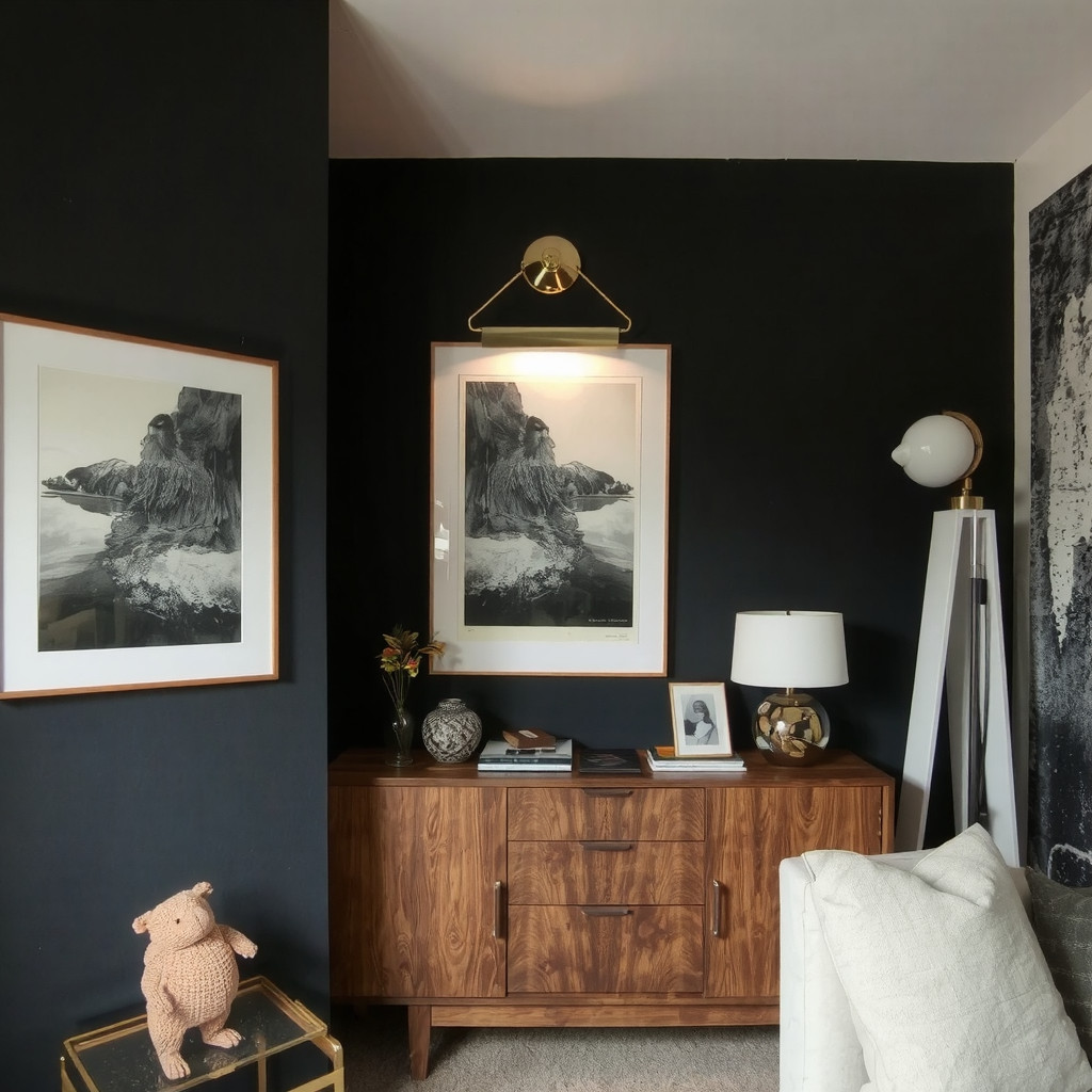 An elegant living room corner with a gold picture light illuminating a black and white photograph, moody atmosphere, dark wall color, mid-century modern furniture