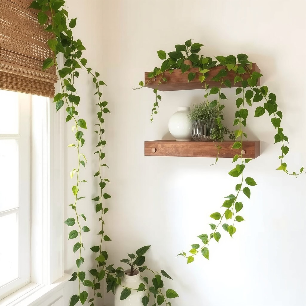A stylish corner of a bedroom featuring floating wooden shelves adorned with trailing pothos plants, adjacent to a window with sheer curtains