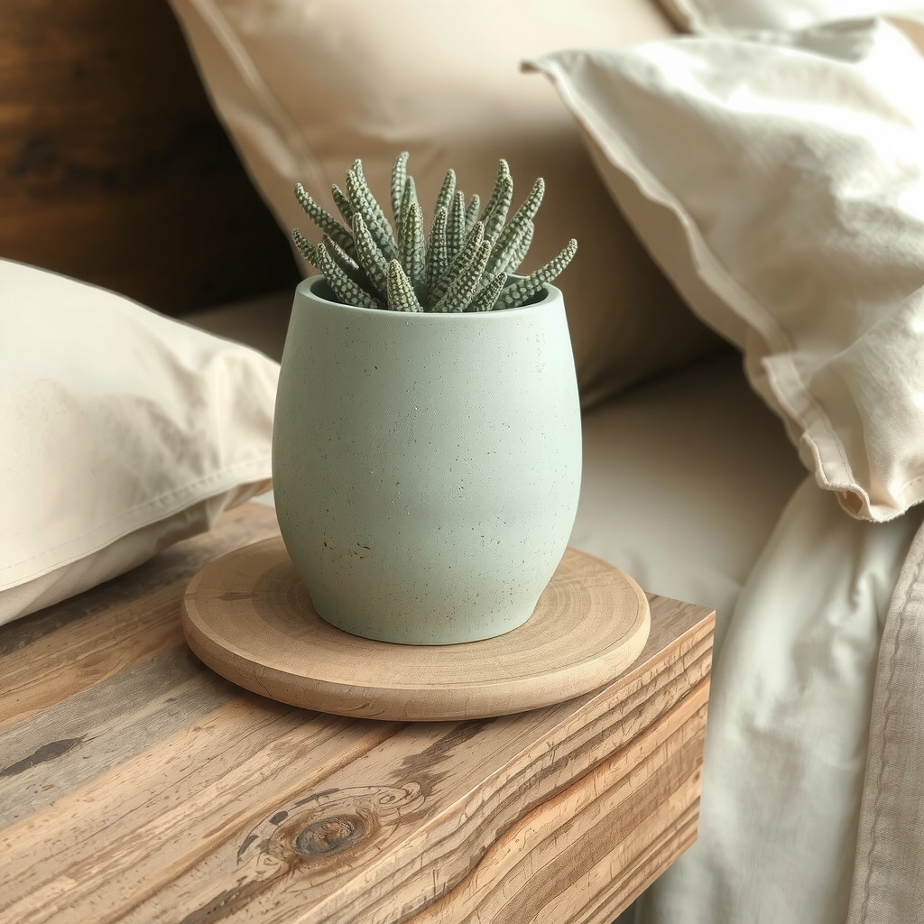 Close-up detail of a textured matte ceramic planter on a reclaimed wood bedside table next to rumpled beige linen bedding