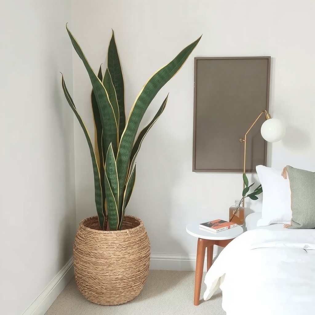 A tall, architectural Snake Plant in a large woven basket standing elegantly in the corner of a minimalist bedroom near a reading chair