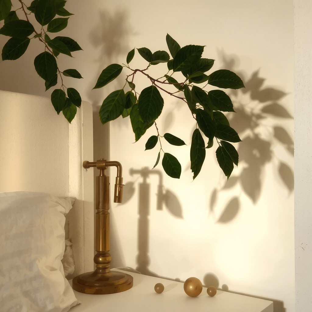 An evening bedroom scene with warm ambient lamp light casting soft leaf shadows from a plant onto a neutral wall