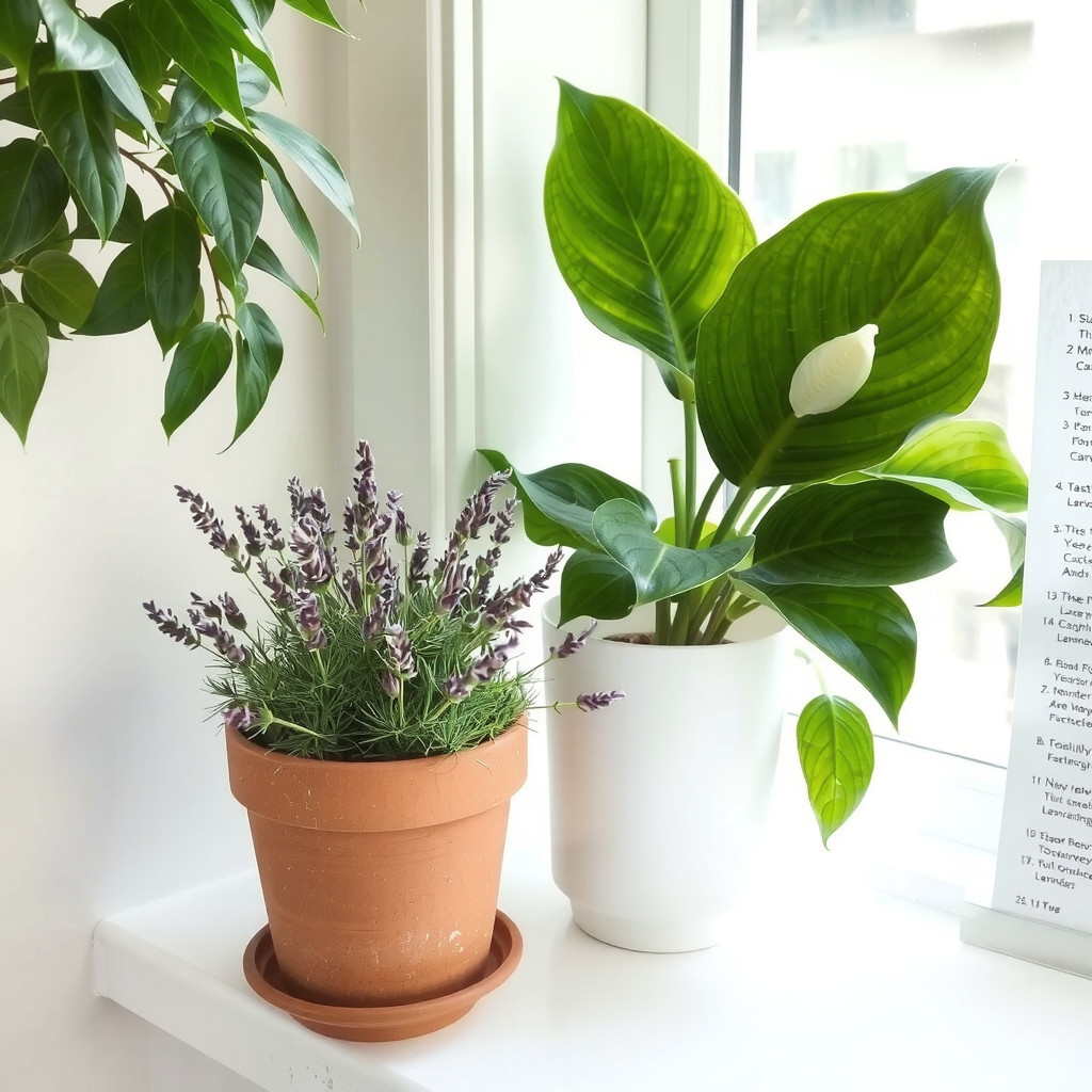 A curated collection of sleep-friendly plants including lavender and a peace lily arranged on a white windowsill bathed in soft light