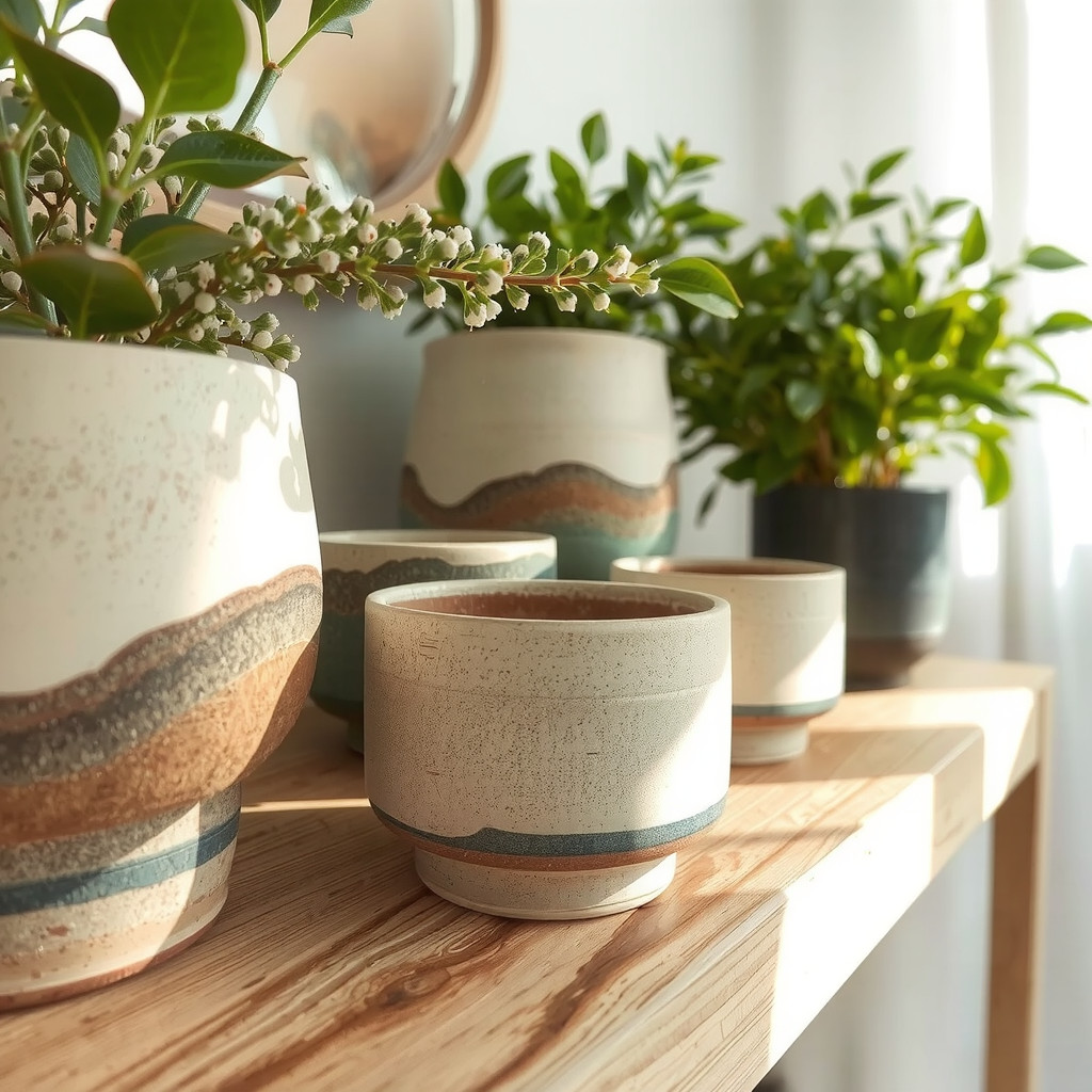 Textured ceramic pots on wood