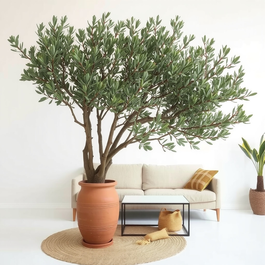 Large olive tree in minimalist room