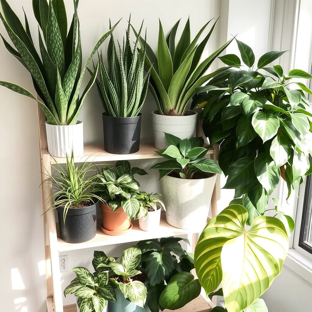 Shelfie with varied plant textures
