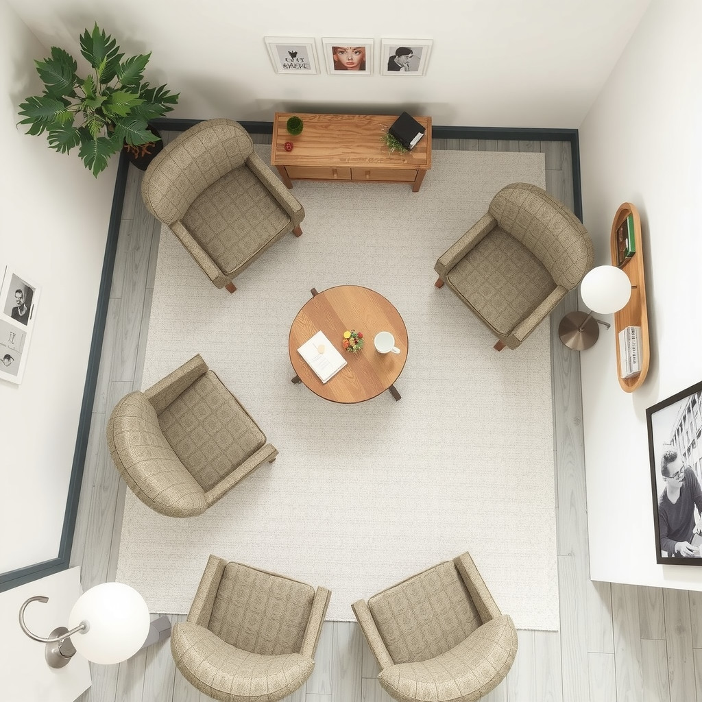 Furniture arranged away from walls in a small room