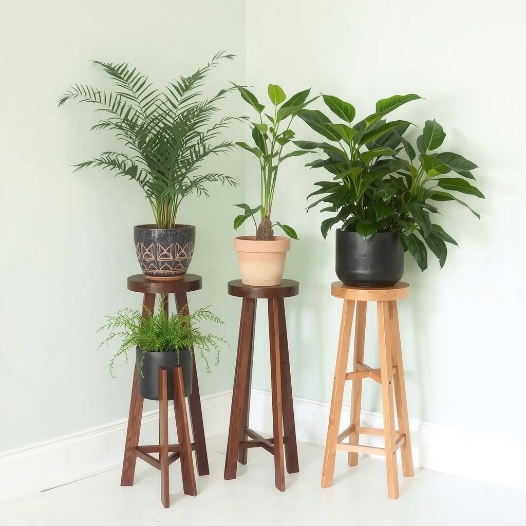 A curated corner with plant stands of varying heights