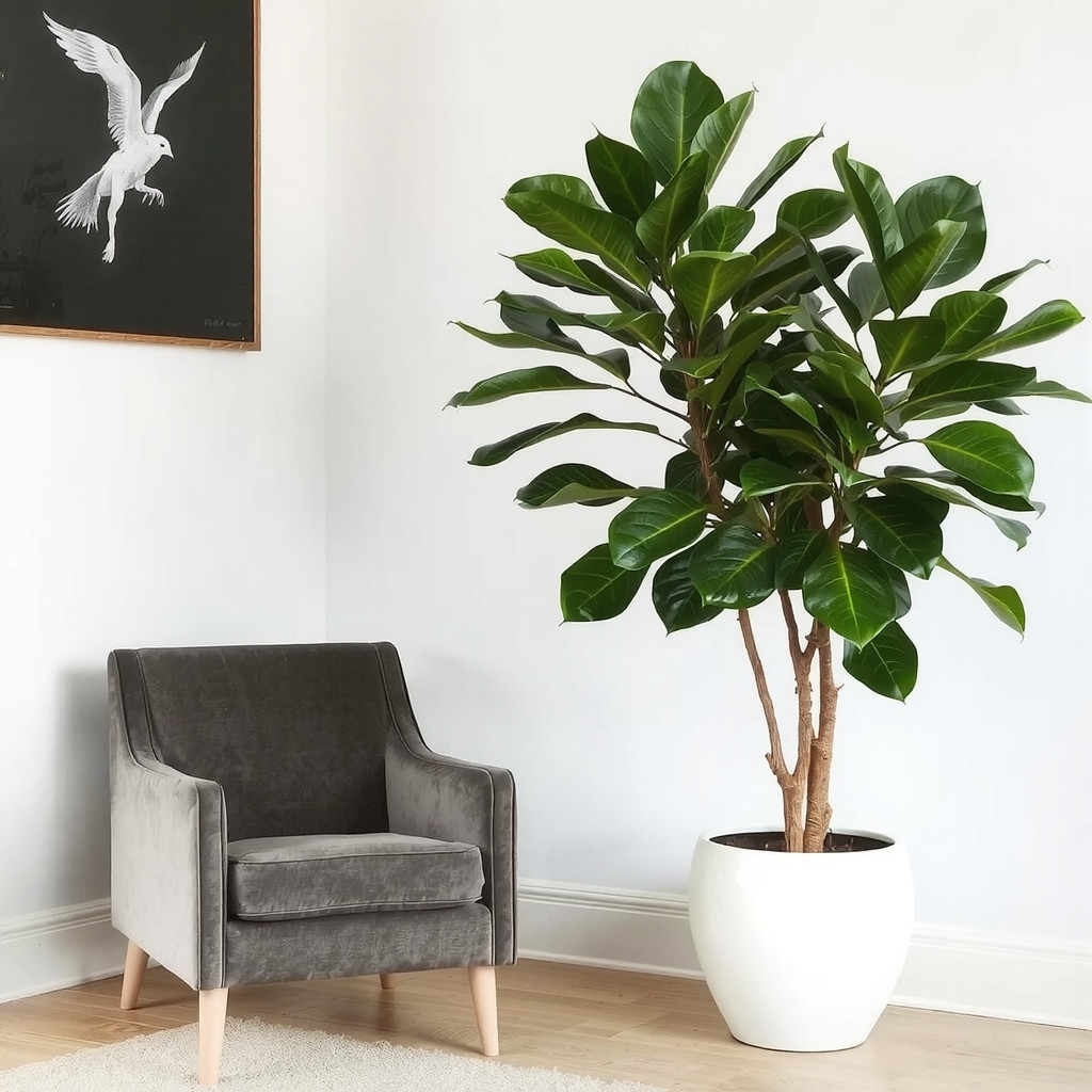 A large statement tree anchoring a modern living room