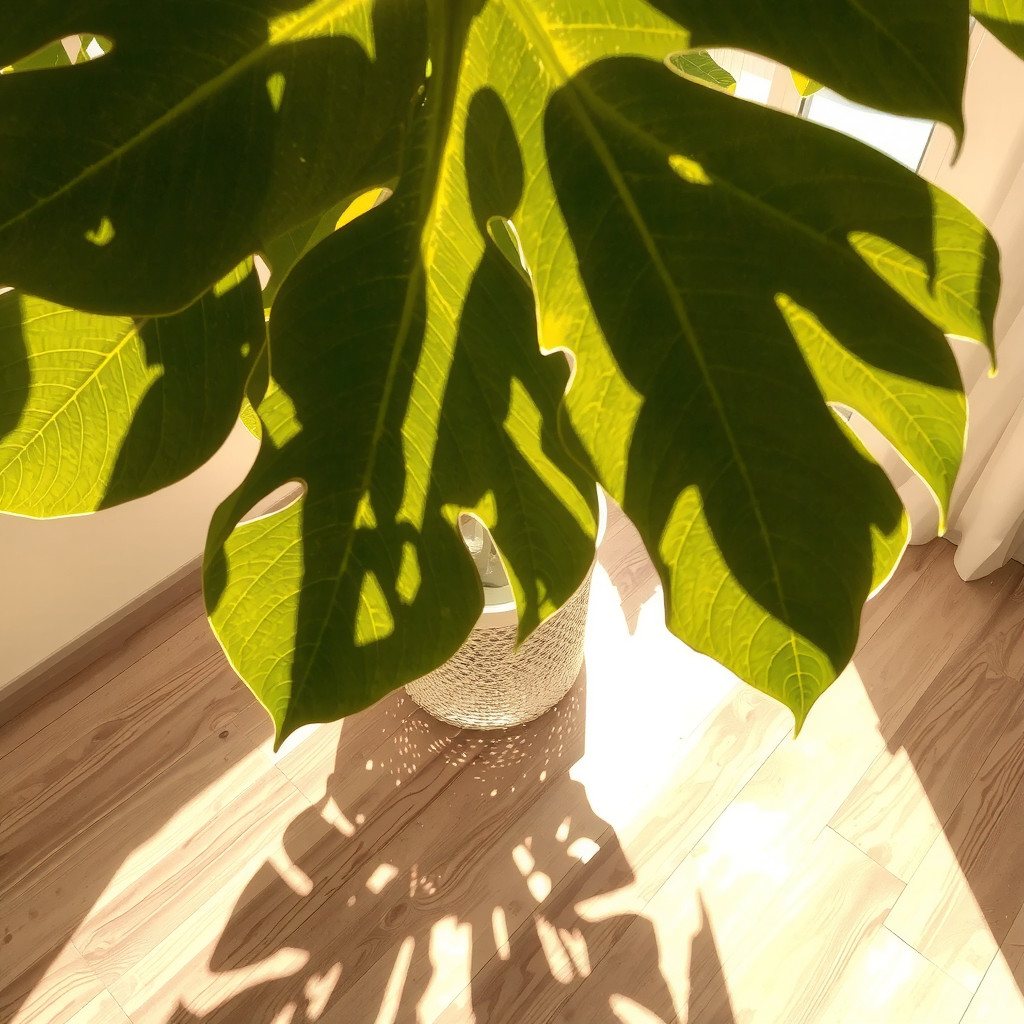 Sunlight filtering through monstera leaves
