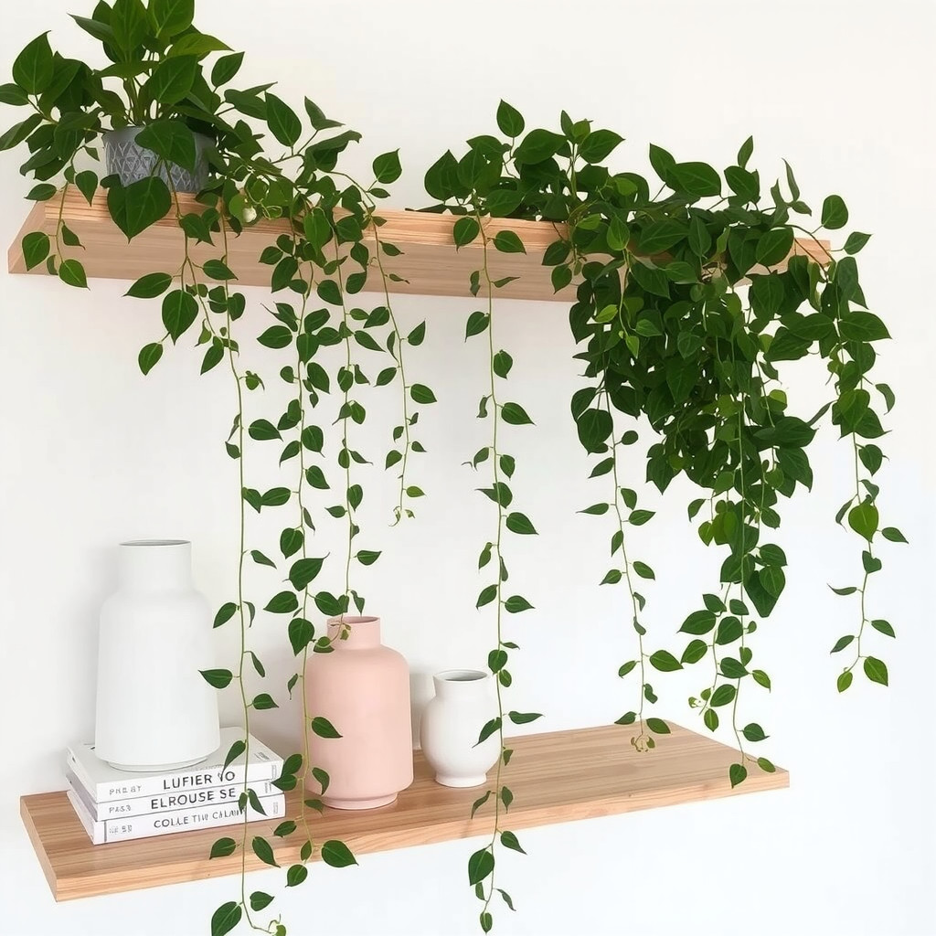 A shelf styled with trailing and potted plants