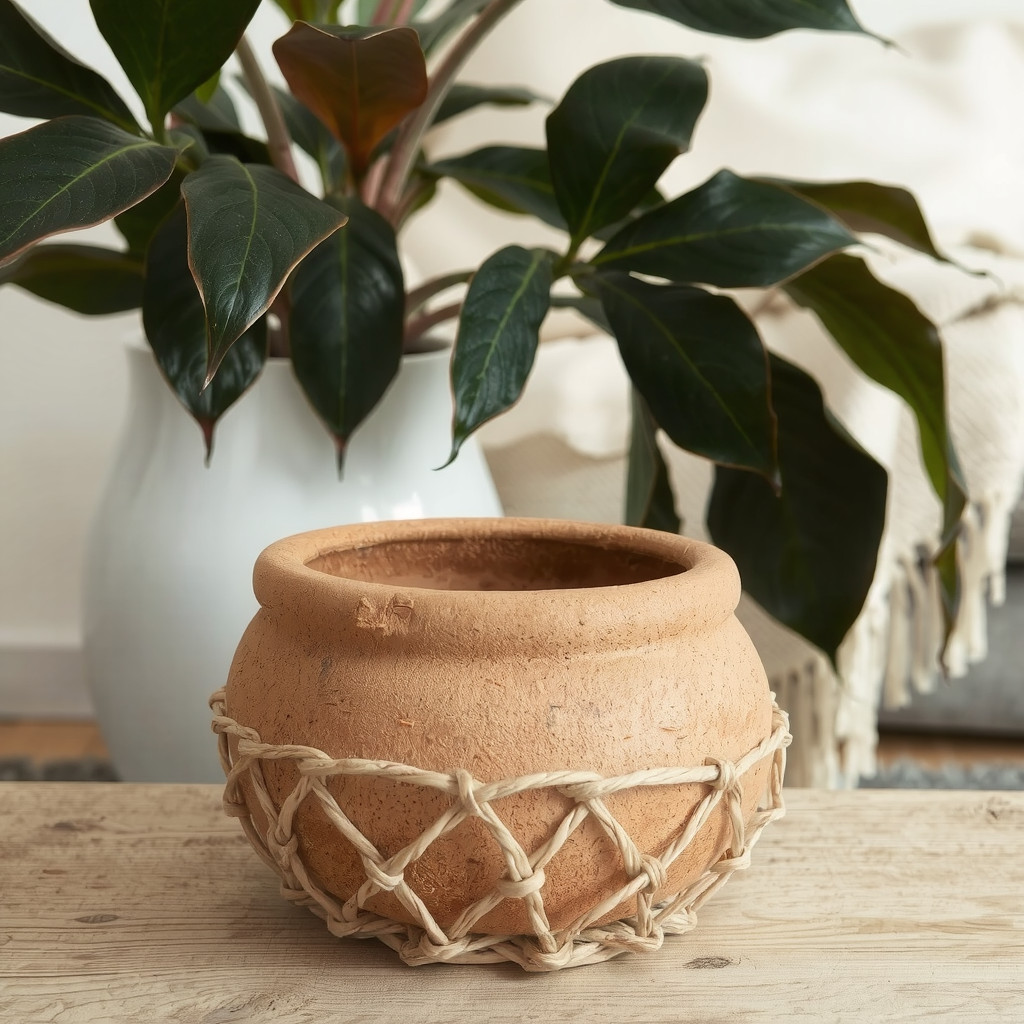 Textured planters on a rustic surface
